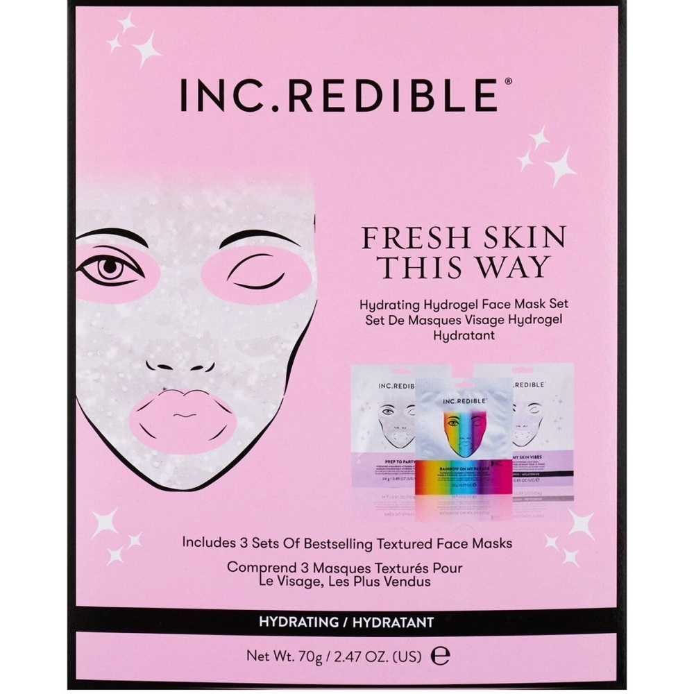 INC.REDIBLE Fresh Skin This Way Hydrogel‎ Face Mask Set 3-Pack Pink New